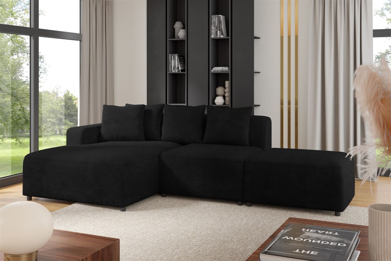 Ecksofa Designersofa MEGAN XS inkl. Hocker Stoff Poso Schwarz Ottomane Links