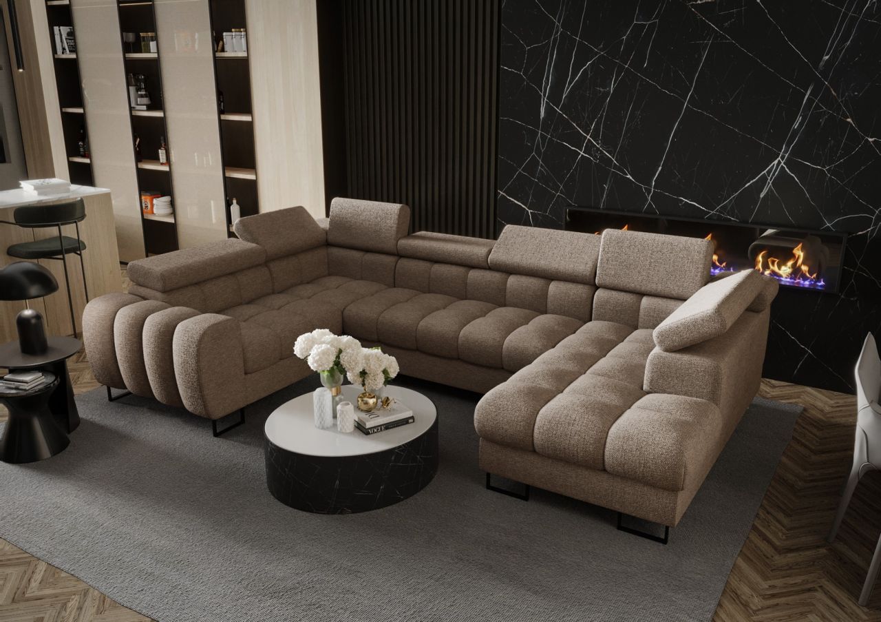 Wohnlandschaft Schlafsofa BASTIEN in Stoff Aragon Beige Ottomane Rechts