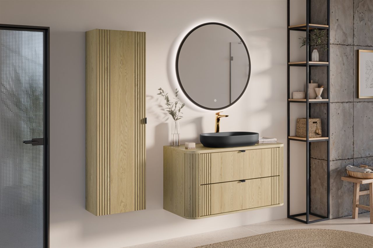 Badmöbel Set 3-tlg Badezimmerset WENDO Cremona Eiche Schrank 100cm ohne Wasch...