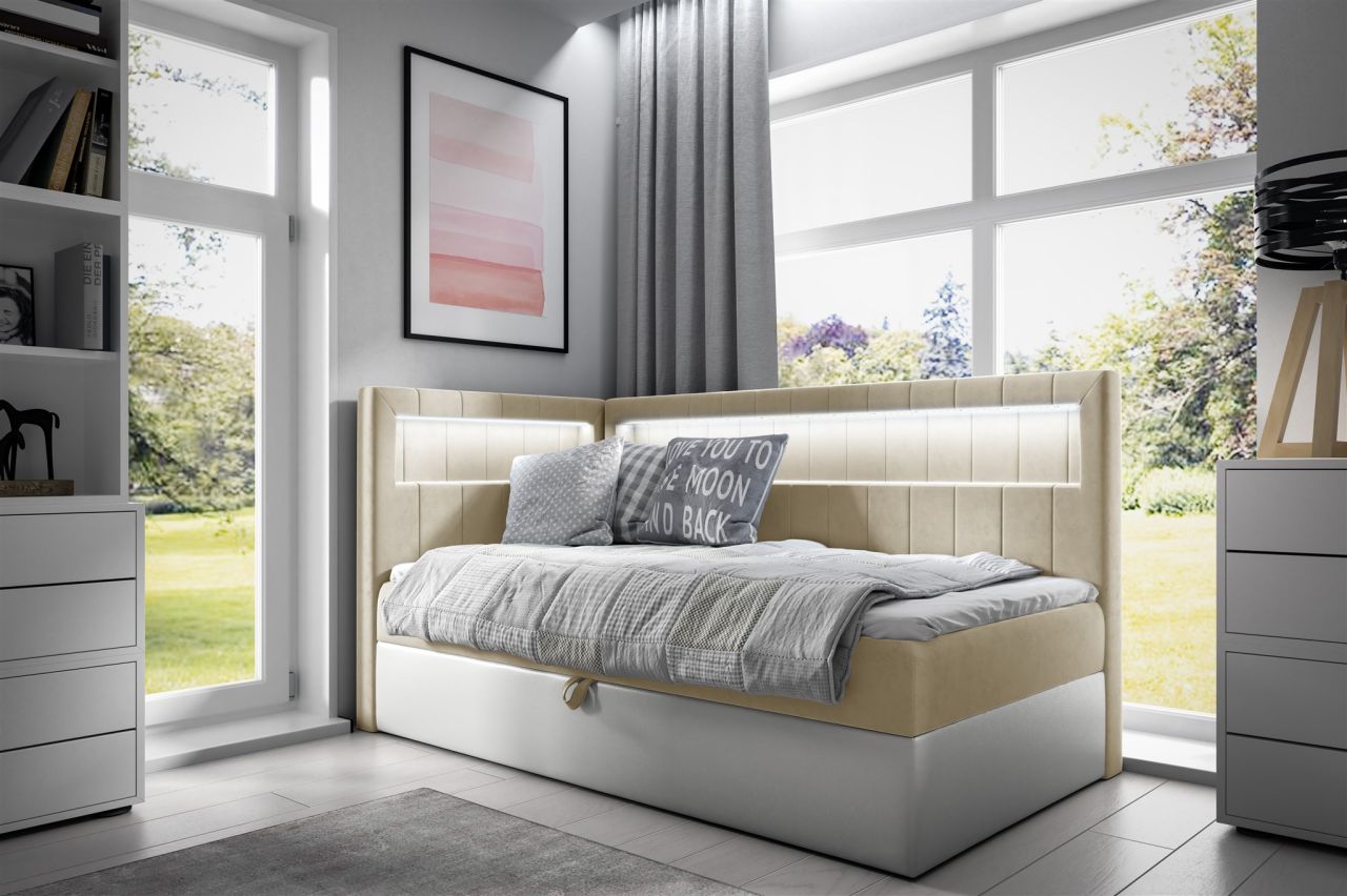 Boxspringbett Gästebett Kinderbett FABIAN Nr.3 80x200cm Weiss-Beige Seite Links