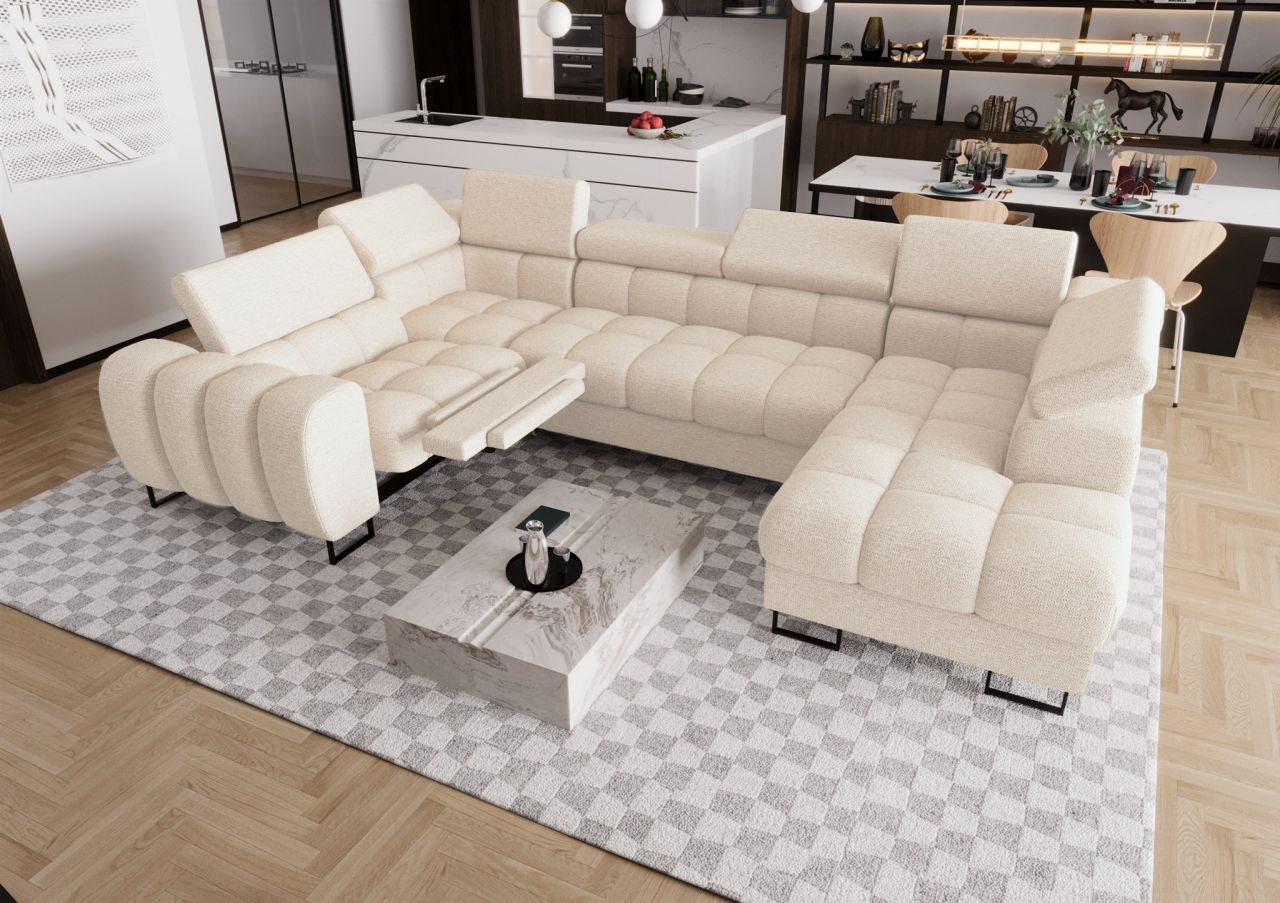 Wohnlandschaft Schlafsofa BASTIEN RELAX in Stoff Aragon Creme Ottomane Rechts
