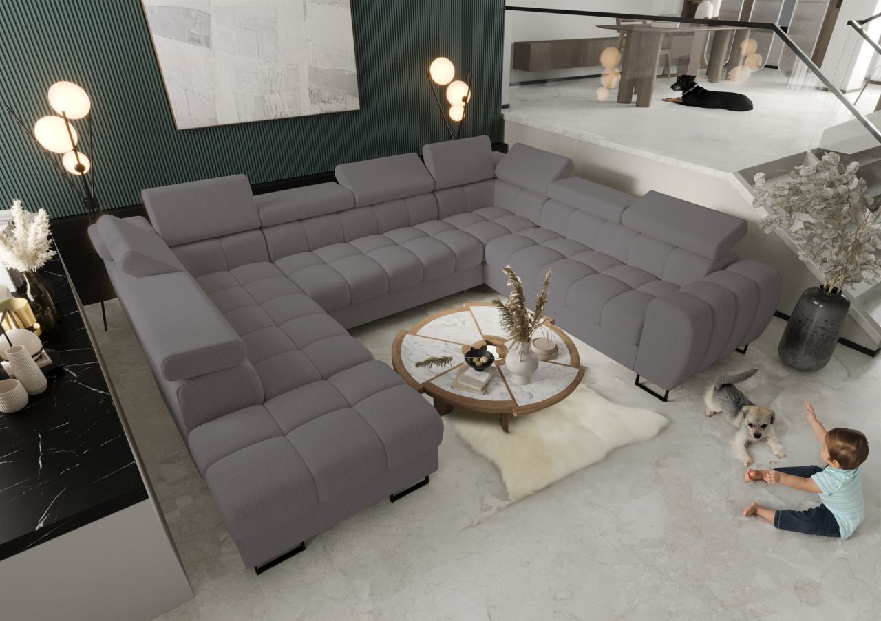 Wohnlandschaft Schlafsofa BASTIEN XL in Stoff Gemma Dunkelgrau Ottomane Links