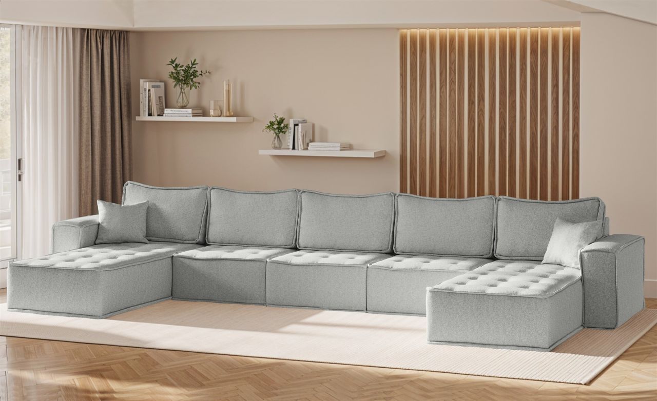 Wohnlandschaft Sofa U-Form Modulsofa-Set 5-teilig SANDE Stoff Alpine Hellgrau