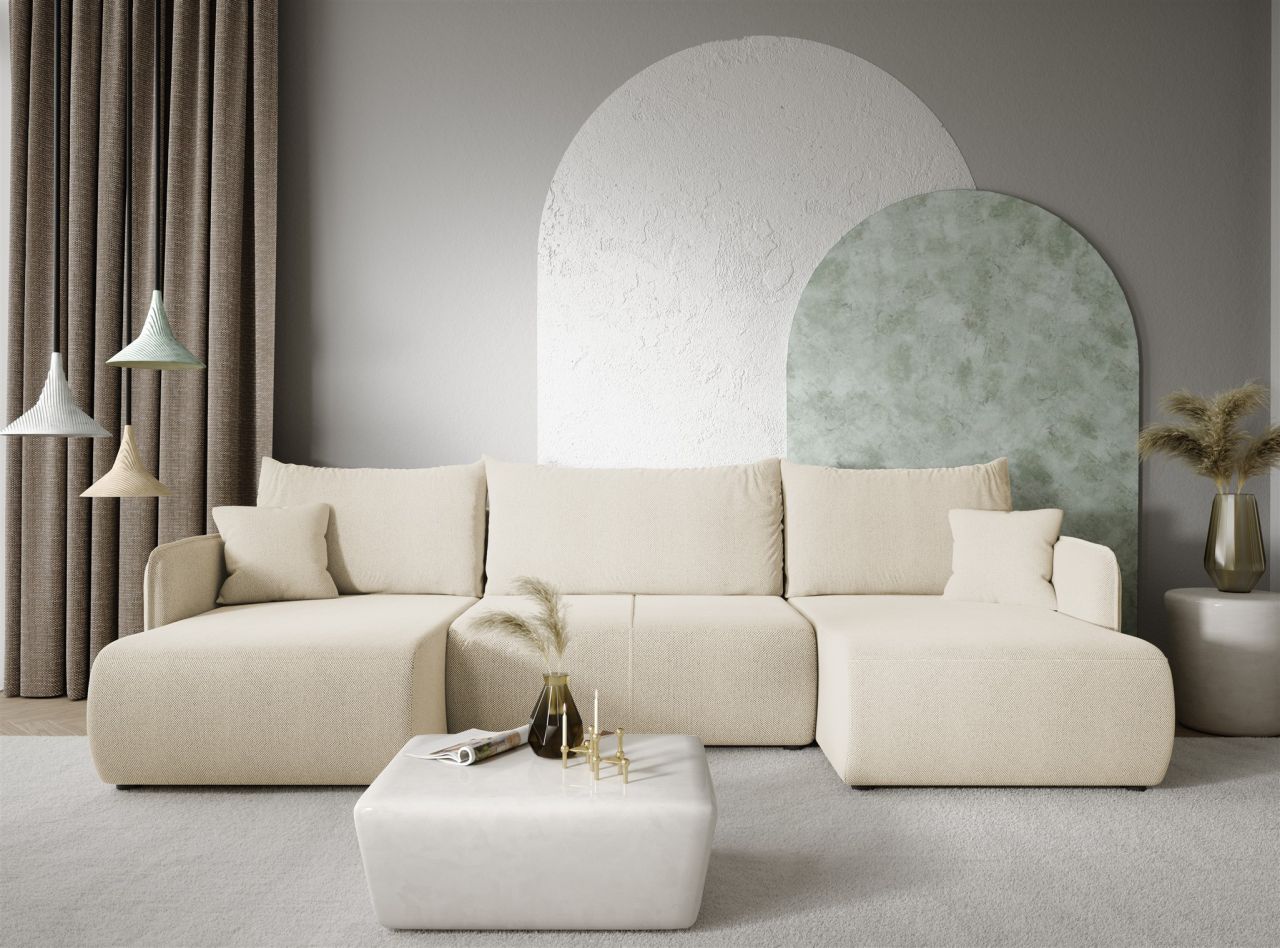 Wohnlandschaft Sofa mit Schlaffunktion CALGARY Stoff Curio Creme