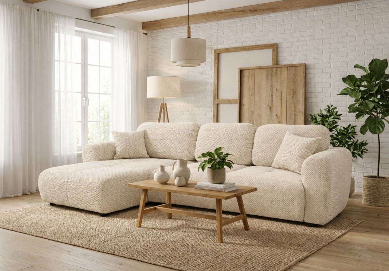Ecksofa mit Schlaffunktion BRUSK MAX in Stoff Pop Creme Ottomane Links