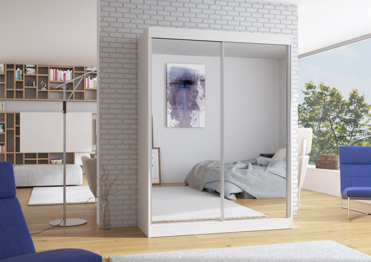 Schiebetürenschrank Schrank DOLM in Weiss matt- Spiegel 150x200x58 cm