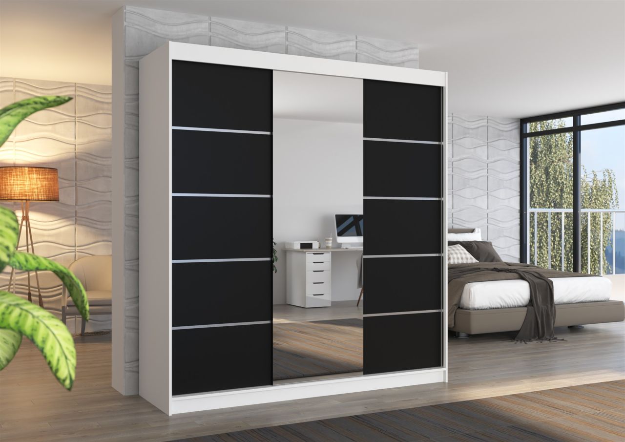 Schiebetürenschrank Schrank VISBY in Weiß- Schwarz 200x215x58 cm
