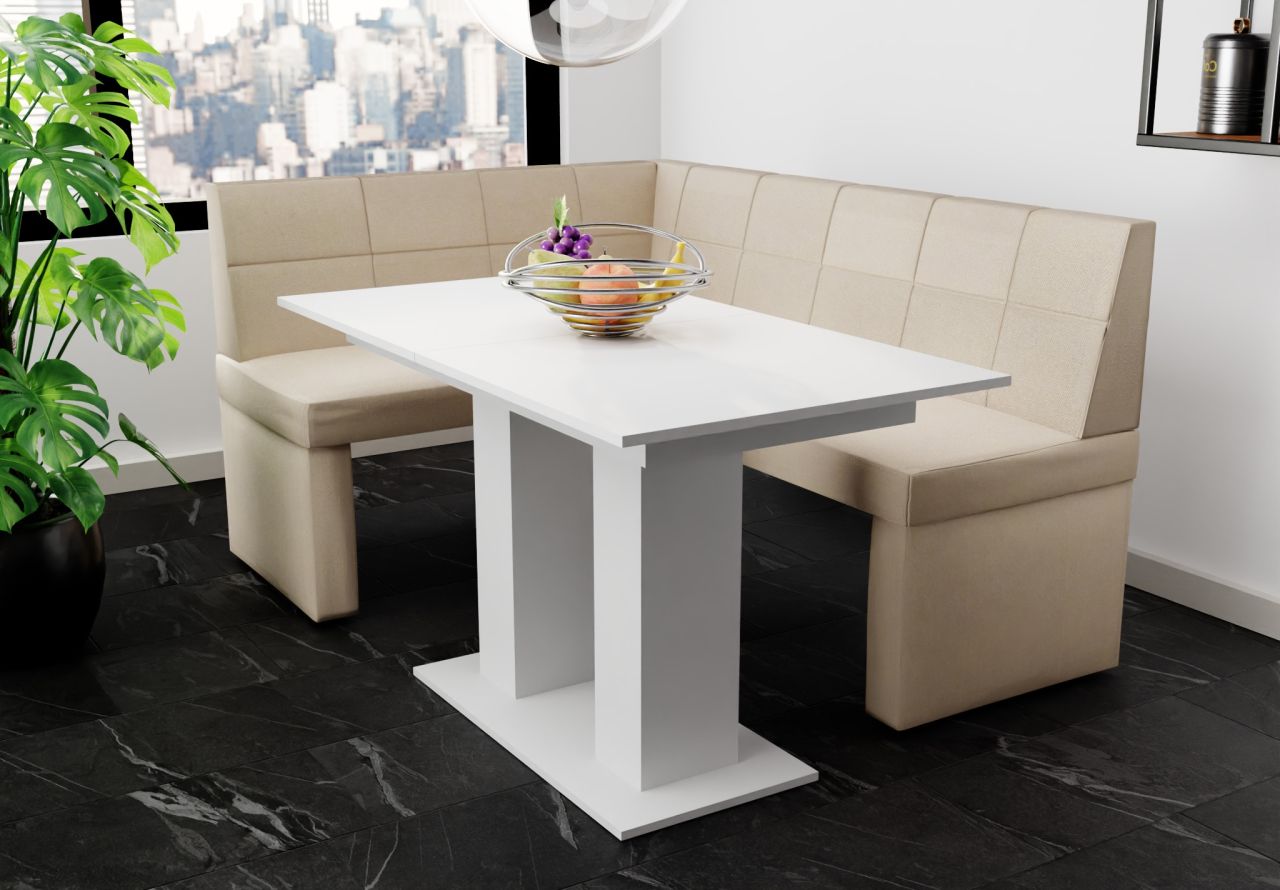 Eckbankgruppe 168x128 cm BLAKE R Stoff Soro Creme / Esstisch DANTE Weiß