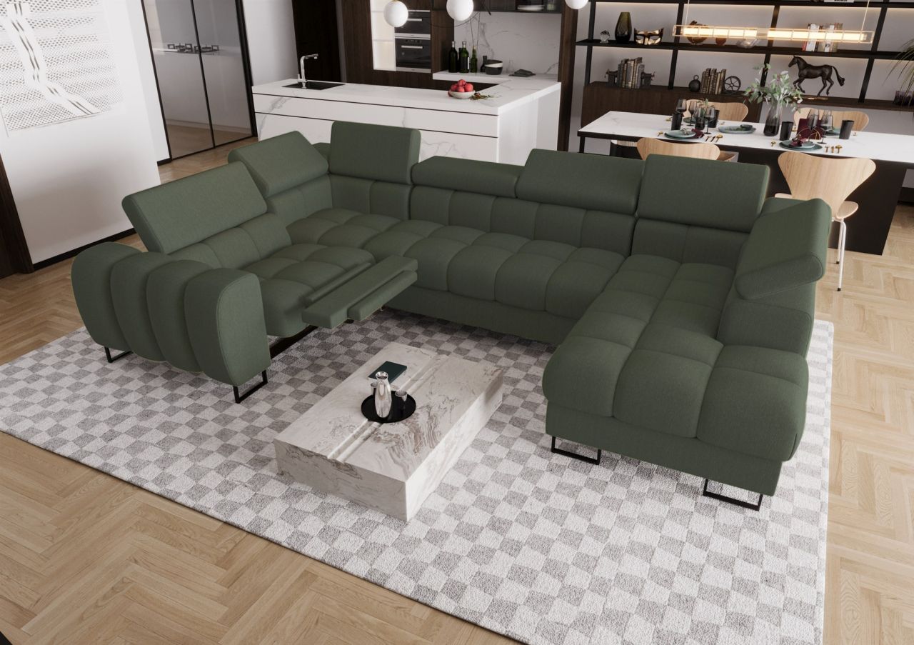 Wohnlandschaft Schlafsofa BASTIEN RELAX in Stoff Gemma Dunkelgrün Ottomane Re...