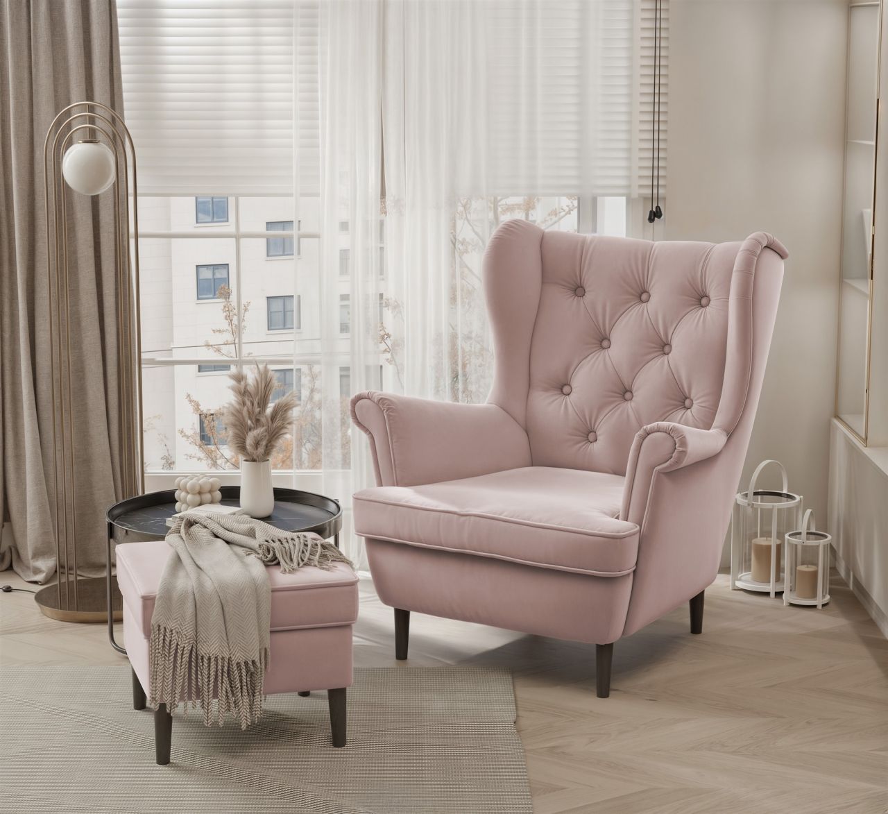 Sessel Ohrensessel NINON inkl. Hocker in Stoff Trinity Puderrosa