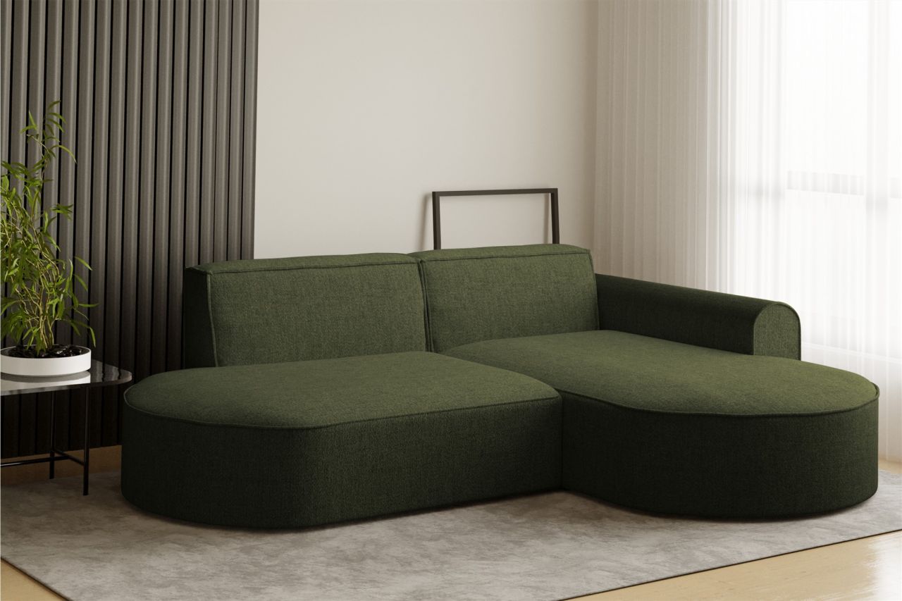 Ecksofa Designersofa BONDY in Stoff Neve Dunkelgrün Ottomane Rechts