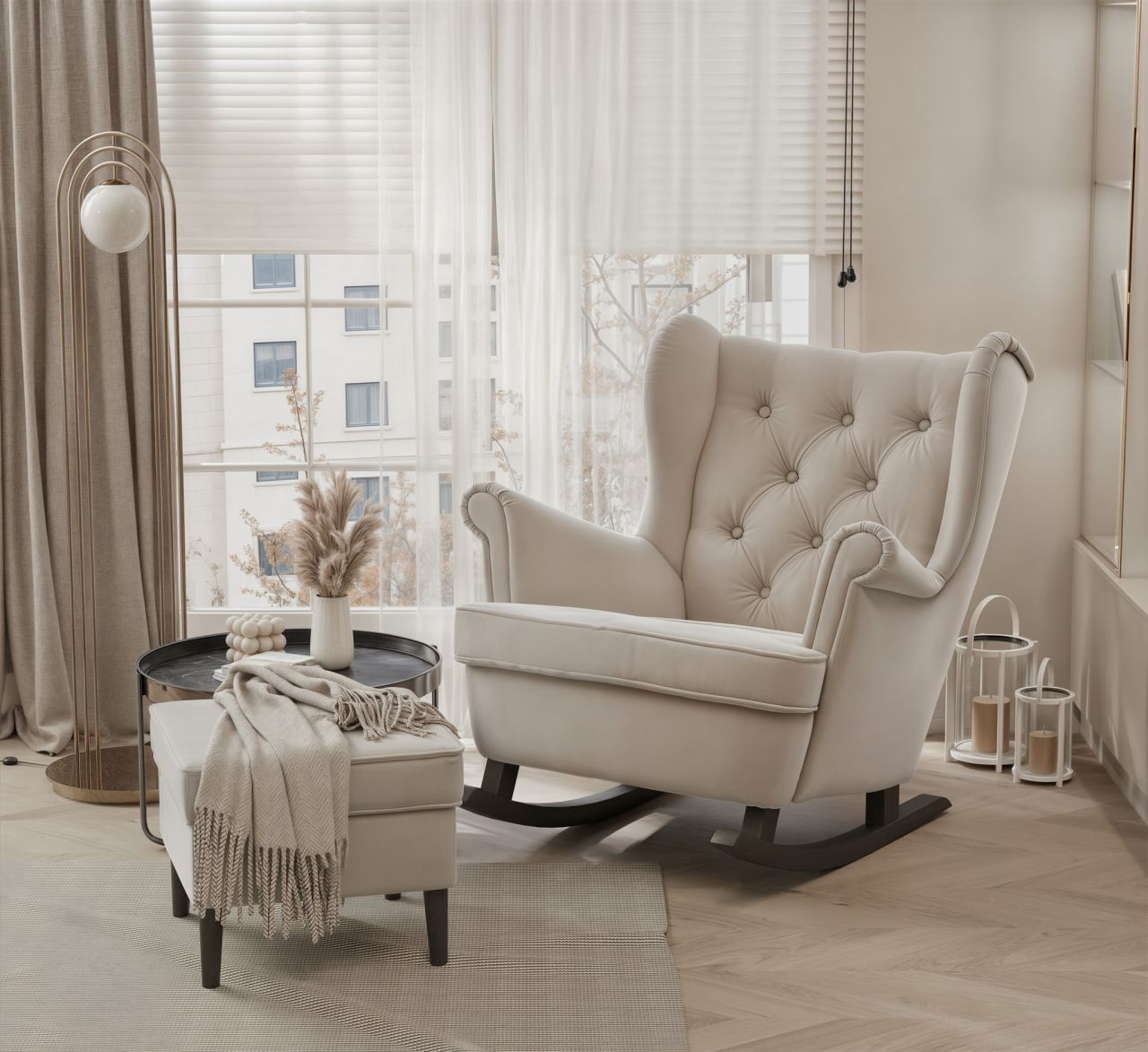 Schaukelsessel Ohrensessel Sessel NINON inkl. Hocker in Stoff Trinity Beige