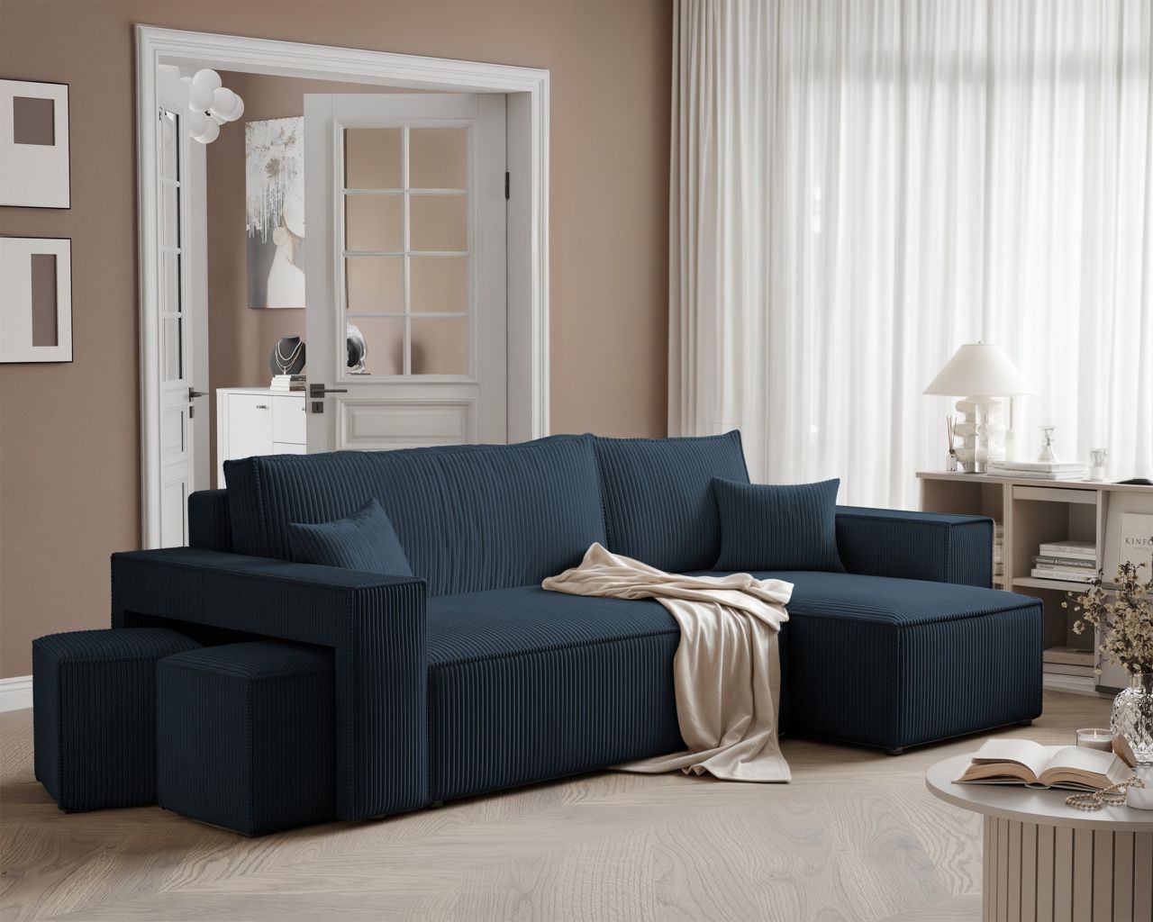 Ecksofa Schlafsofa Sofa ADARA inkl. Hocker Stoff Poso Blau Ottomane Rechts