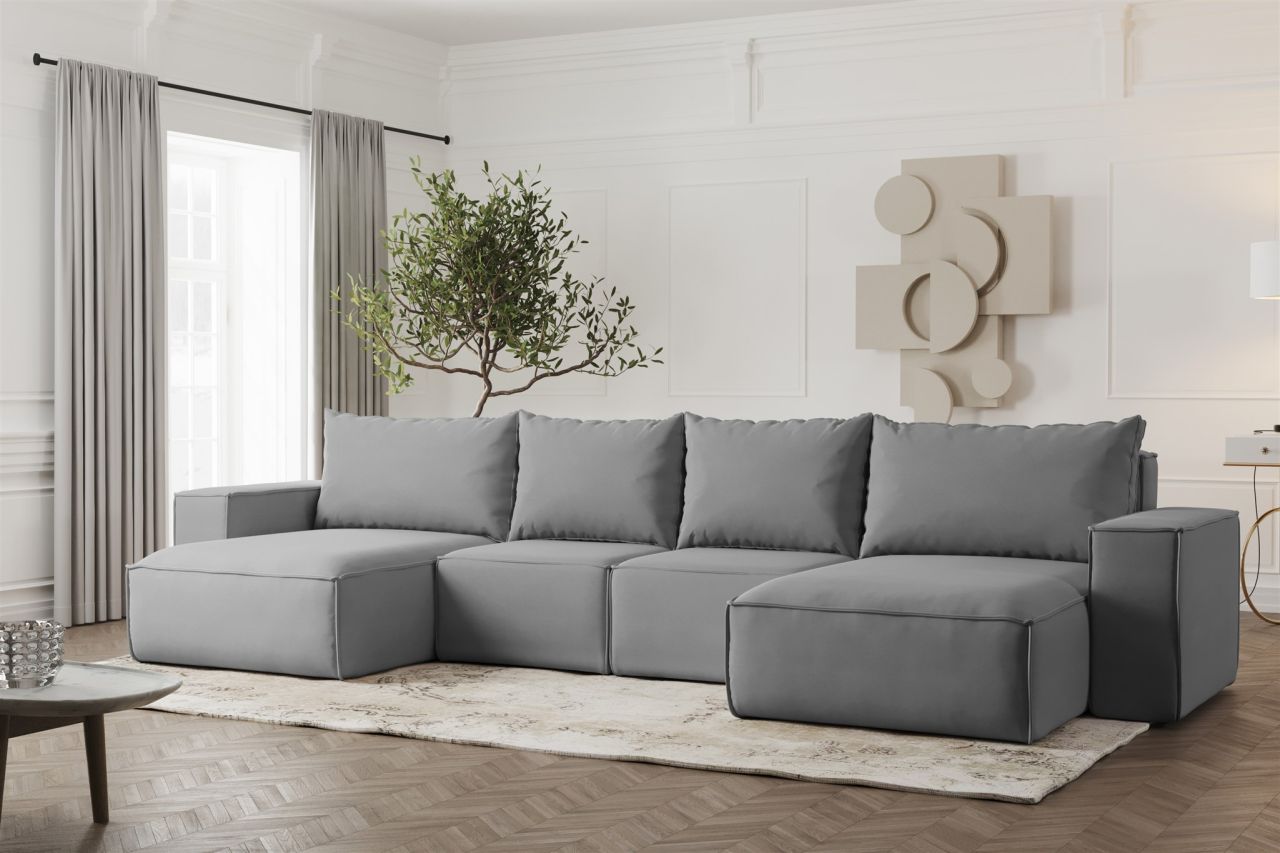 Wohnlandschaft U-Form Sofa ESTELLE in Stoff Opera Velvet Grau