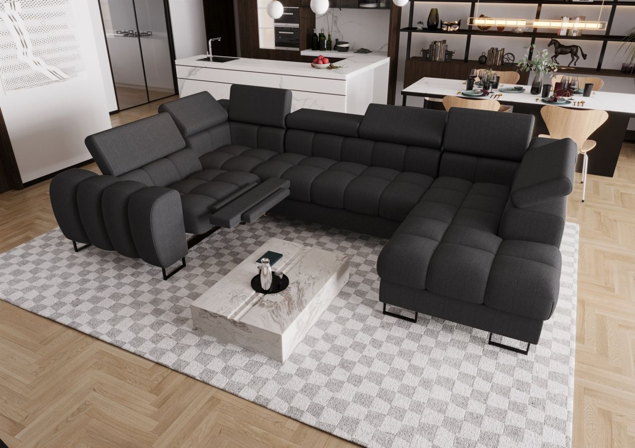Wohnlandschaft Schlafsofa BASTIEN RELAX in Stoff Gemma Dunkelgrau Ottomane Re...