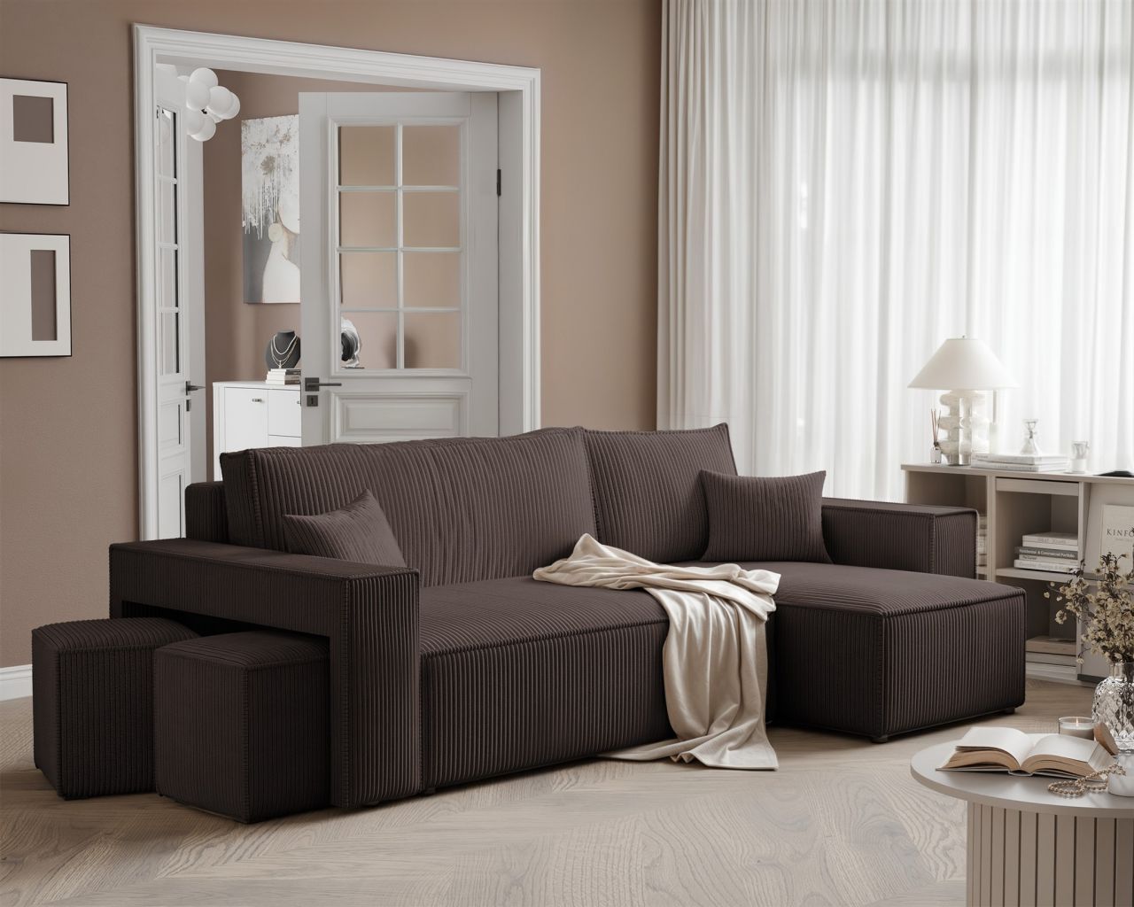 Ecksofa Schlafsofa Sofa ADARA inkl. Hocker Stoff Poso Dunkelbraun Ottomane Re...