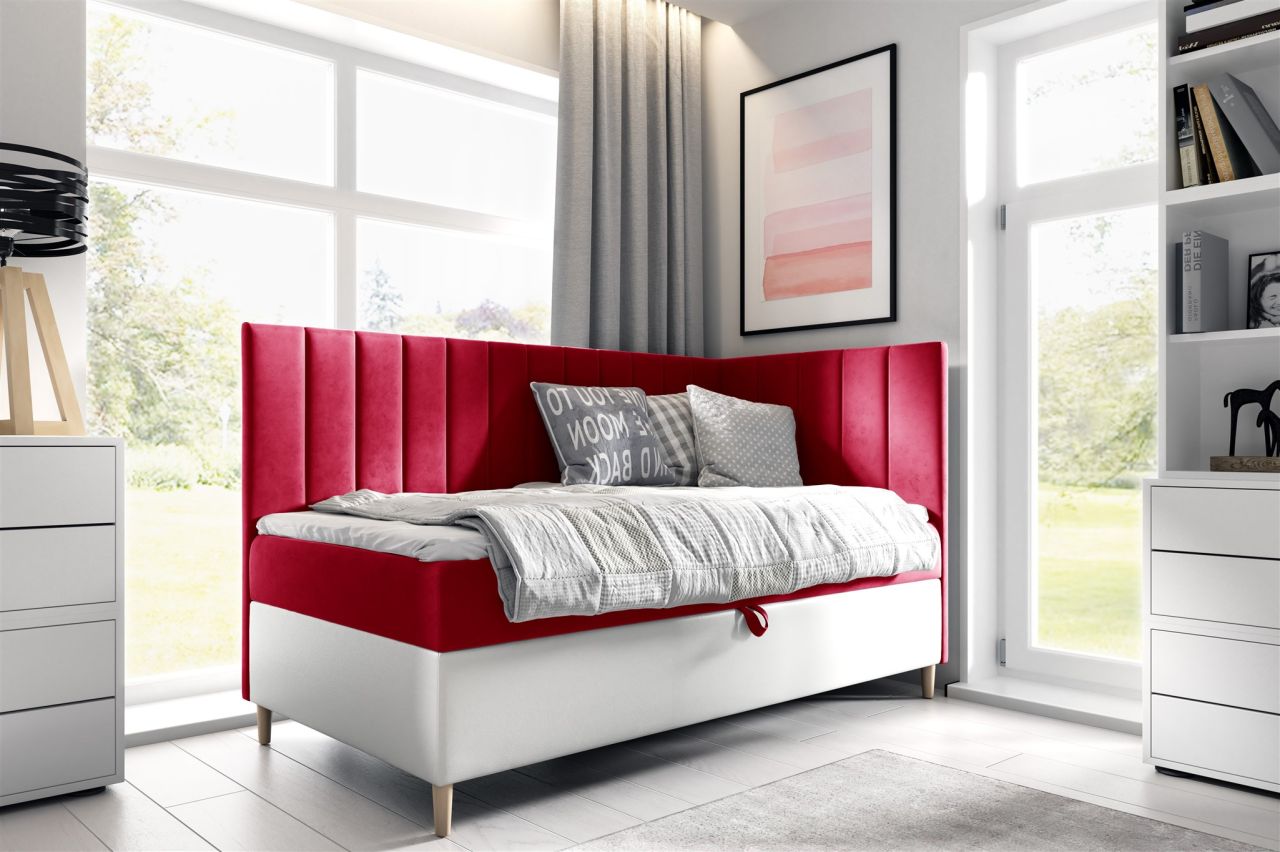 Boxspringbett Gästebett Kinderbett HELVI Nr.3 80x200cm Weiss-Rot Seite Rechts
