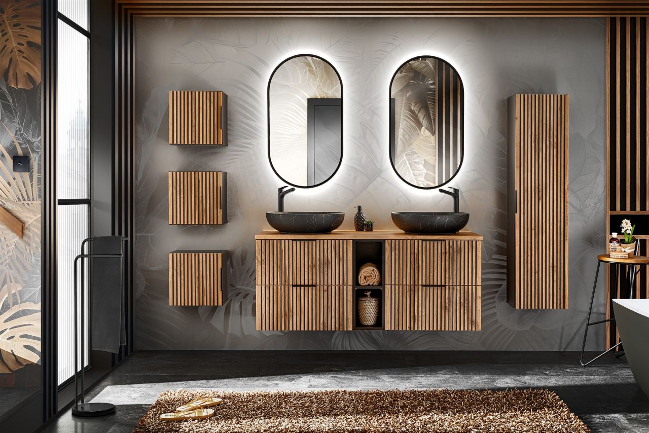 Badmöbel Set 11-tlg Badezimmerset ARMON Wotan Eiche Schrank 140cm inkl. 2 x W...