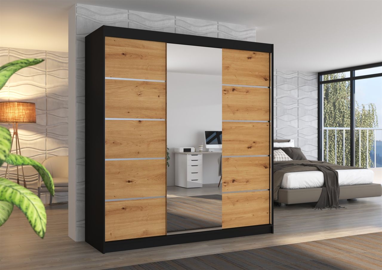 Schiebetürenschrank Schrank VISBY in Schwarz- Artisan Eiche 200x215x58 cm