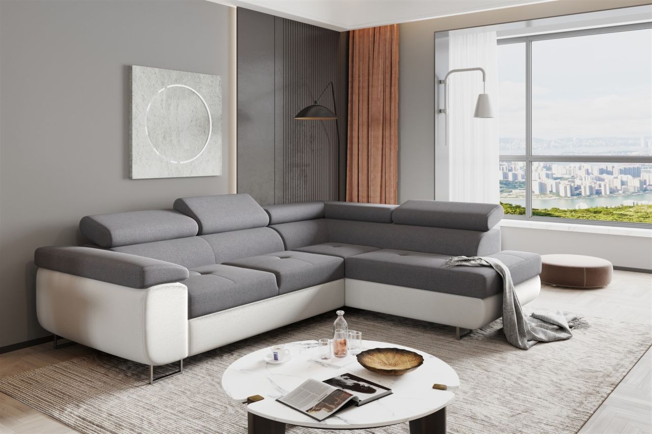 Couchgarnitur JADE Weiss-Grau mit Schlaffunktion Ottomane Rechts