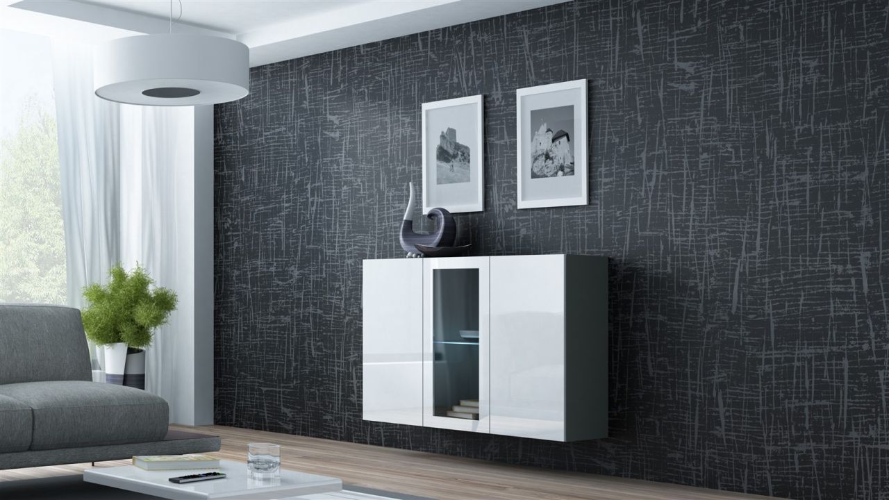 Sideboard Hängesideboard 'LUGO' 120x38x90 cm Grau/ Weiss HGL mit LED