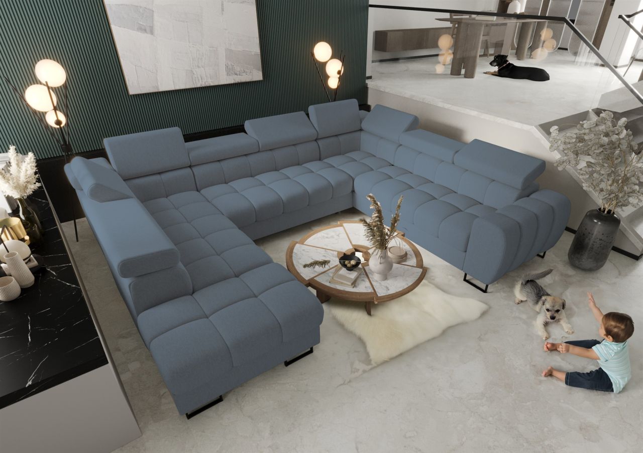 Wohnlandschaft Schlafsofa BASTIEN XL in Stoff Gemma Blau Ottomane Links
