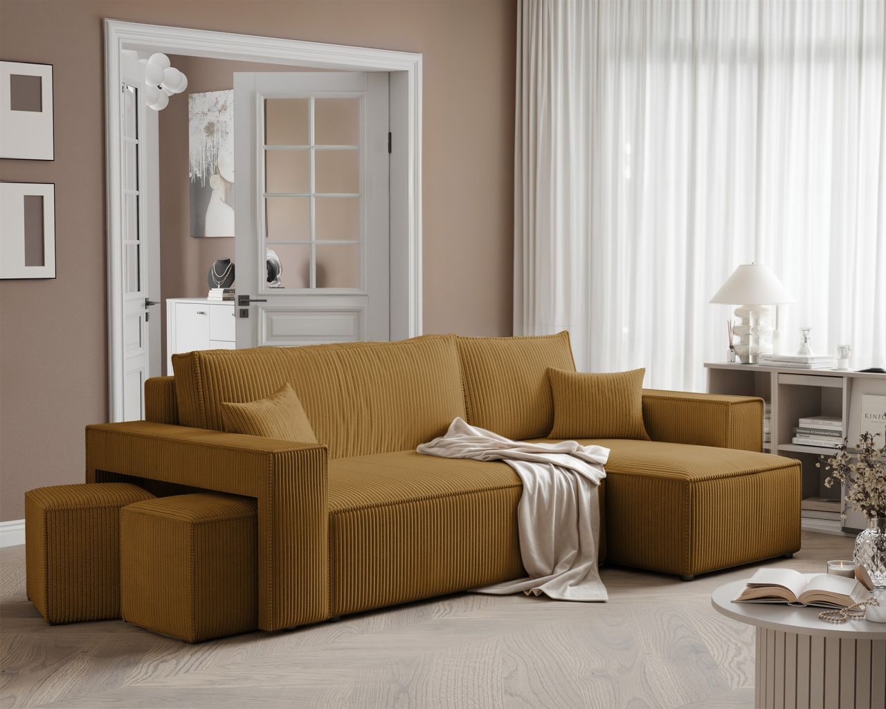 Ecksofa Schlafsofa Sofa ADARA inkl. Hocker Stoff Poso Honiggelb Ottomane Rechts