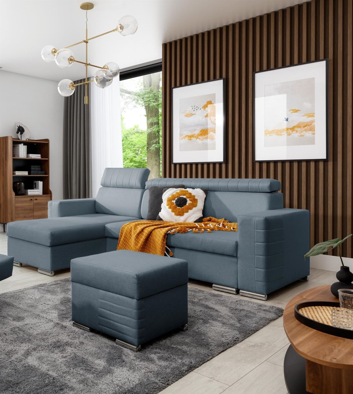 Ecksofa Schlafsofa inkl. Hocker CANTON Stoff Liverpool Azurblau Ottomane Links