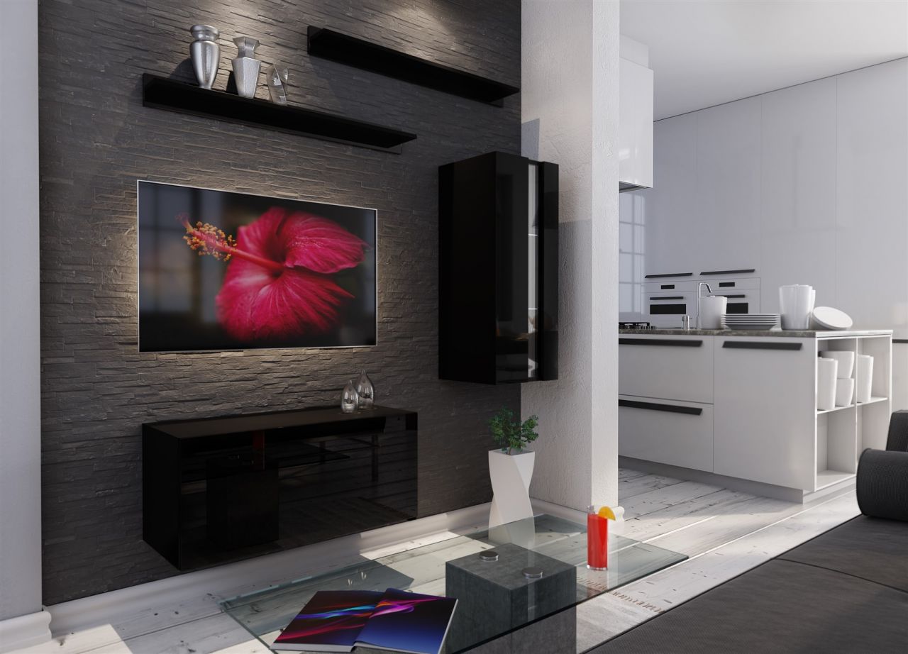 Mediawand Wohnwand 4 tlg - NEXI XL 10 - Schwarz Hochglanz und inkl.LED