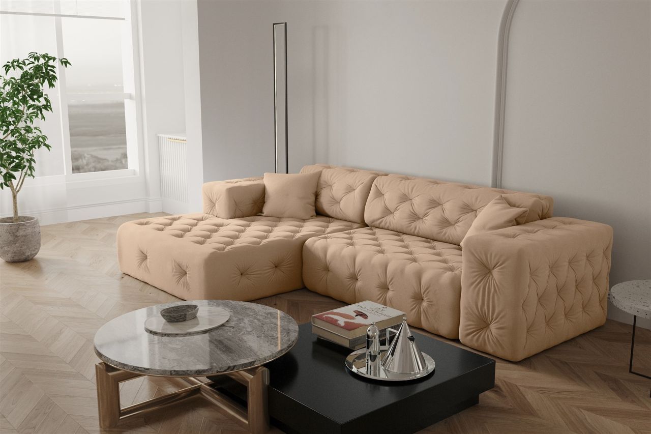 Ecksofa Designersofa CHANTAL in Stoff Opera Velvet Beige Ottomane Links