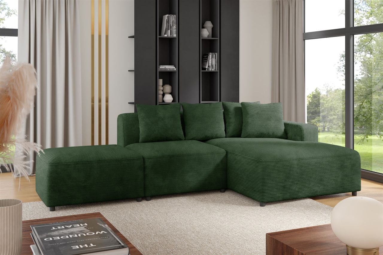 Ecksofa Designersofa MEGAN XS inkl. Hocker Stoff Poso Dunkelgrün Ottomane Rechts