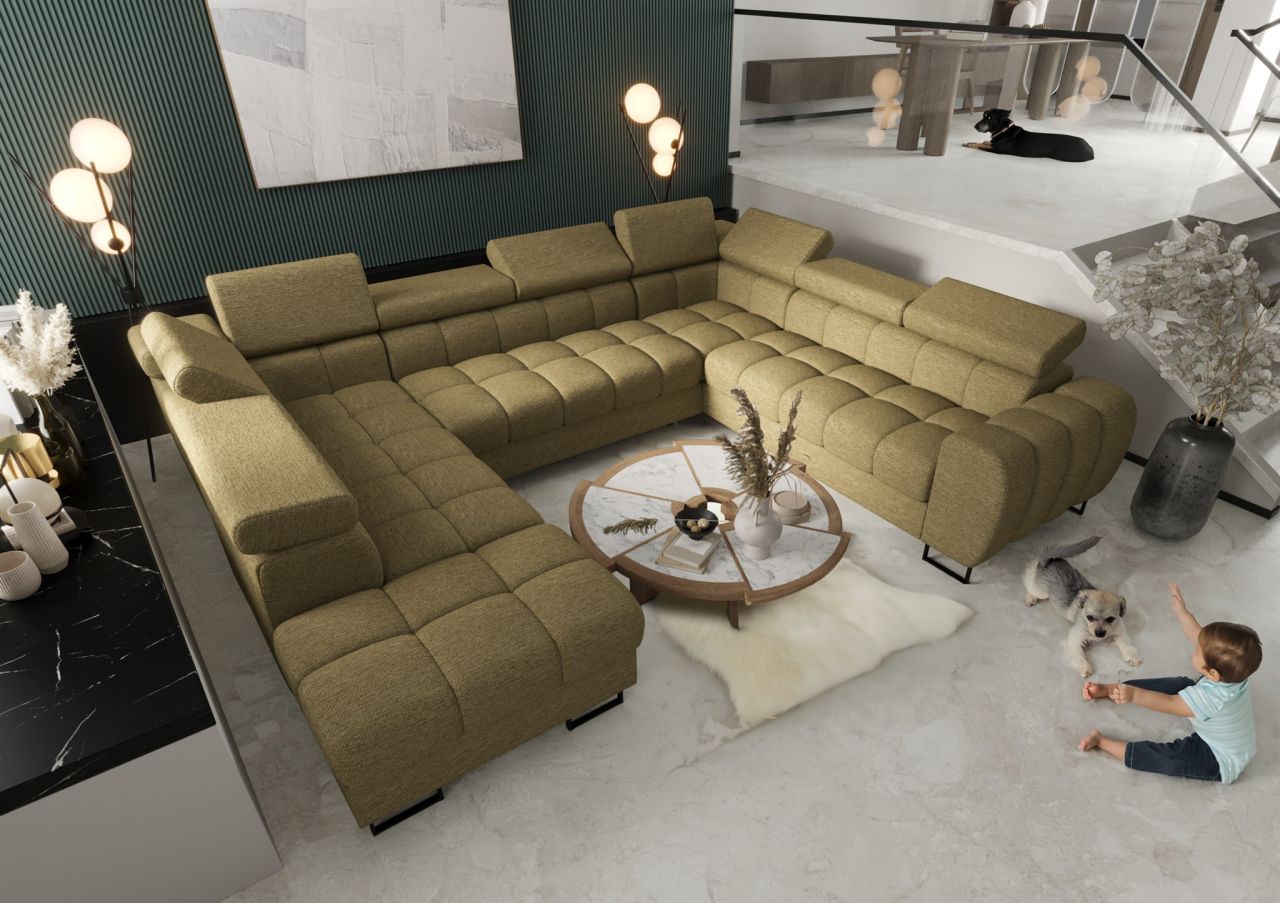 Wohnlandschaft Schlafsofa BASTIEN XL in Stoff Aragon Olivgrün Ottomane Links