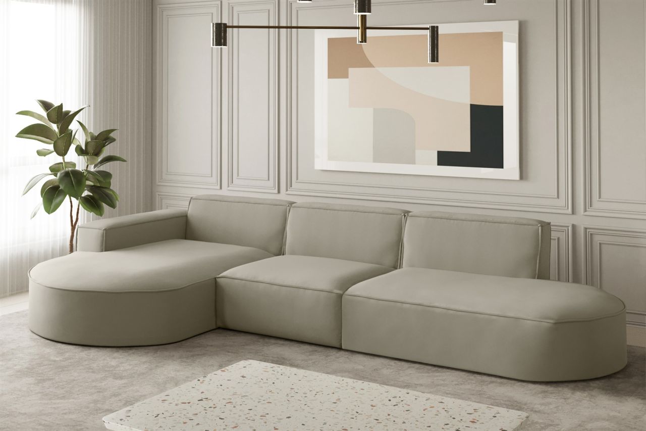 Ecksofa Designersofa PALMA in Stoff Opera Velvet Pearl Ottomane Links