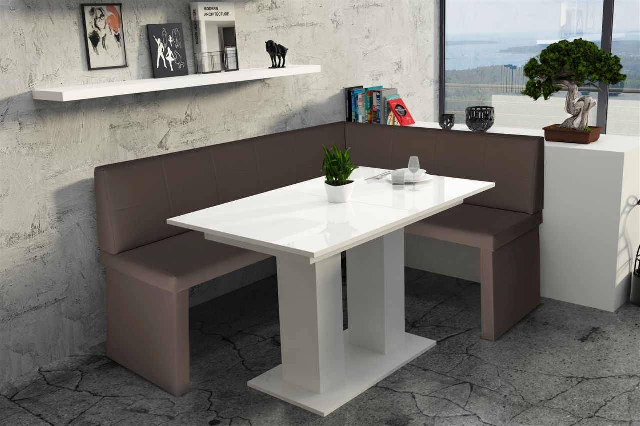 Eckbankgruppe 196x142 cm ROBIN XL L Braun / Esstisch DANTE Weiss HGL