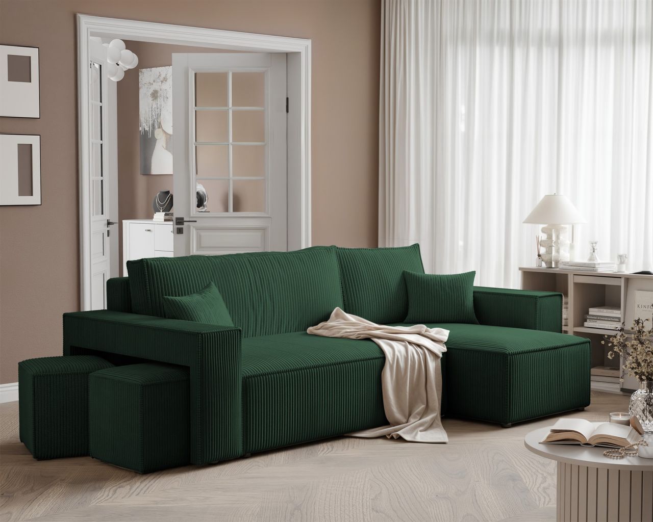Ecksofa Schlafsofa Sofa ADARA inkl. Hocker Stoff Poso Grün Ottomane Rechts