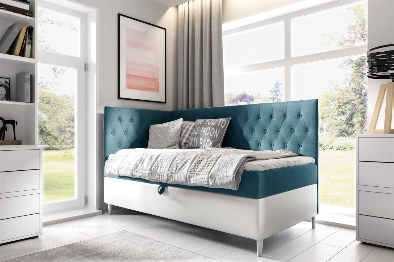 Boxspringbett Gästebett Kinderbett FINJA Nr.3 90x200cm Weiss-Türkis Seite Links