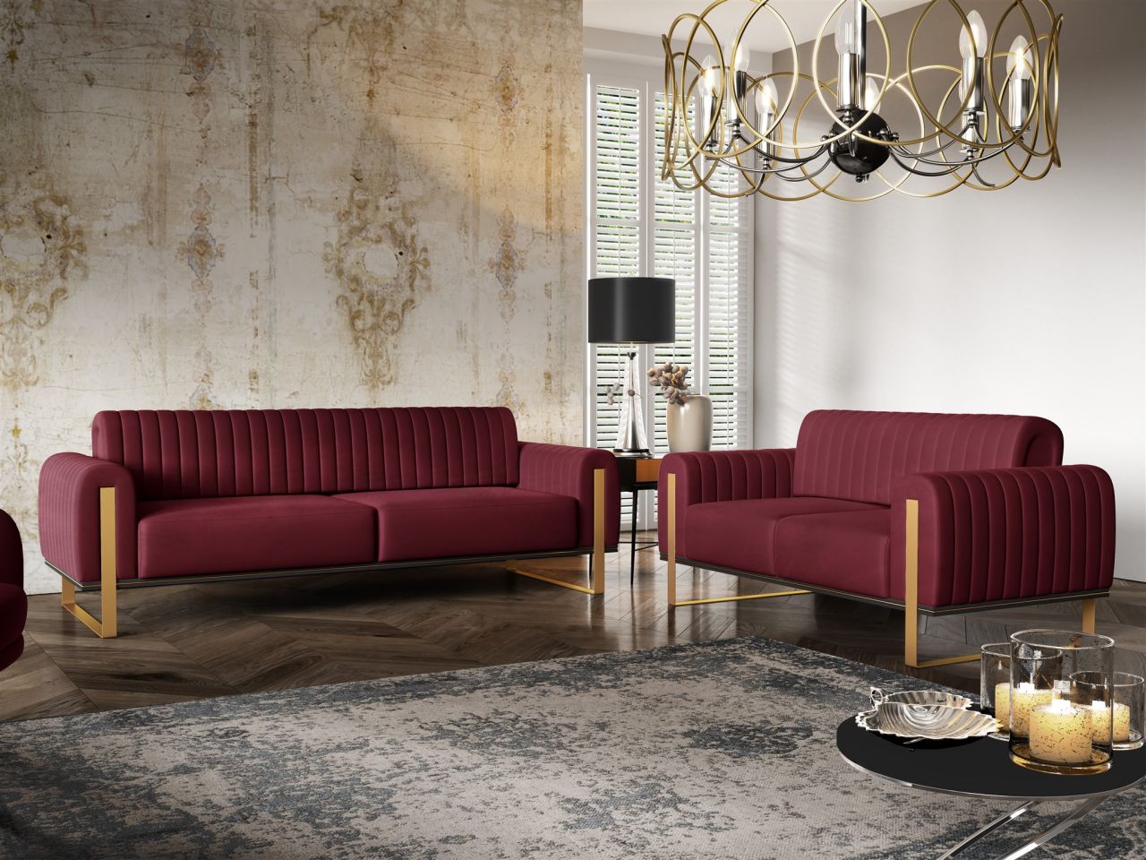 Sofaset Designersofas VALERIE 3-2 in Stoff Stoff Elisa Velvet Bordeauxrot