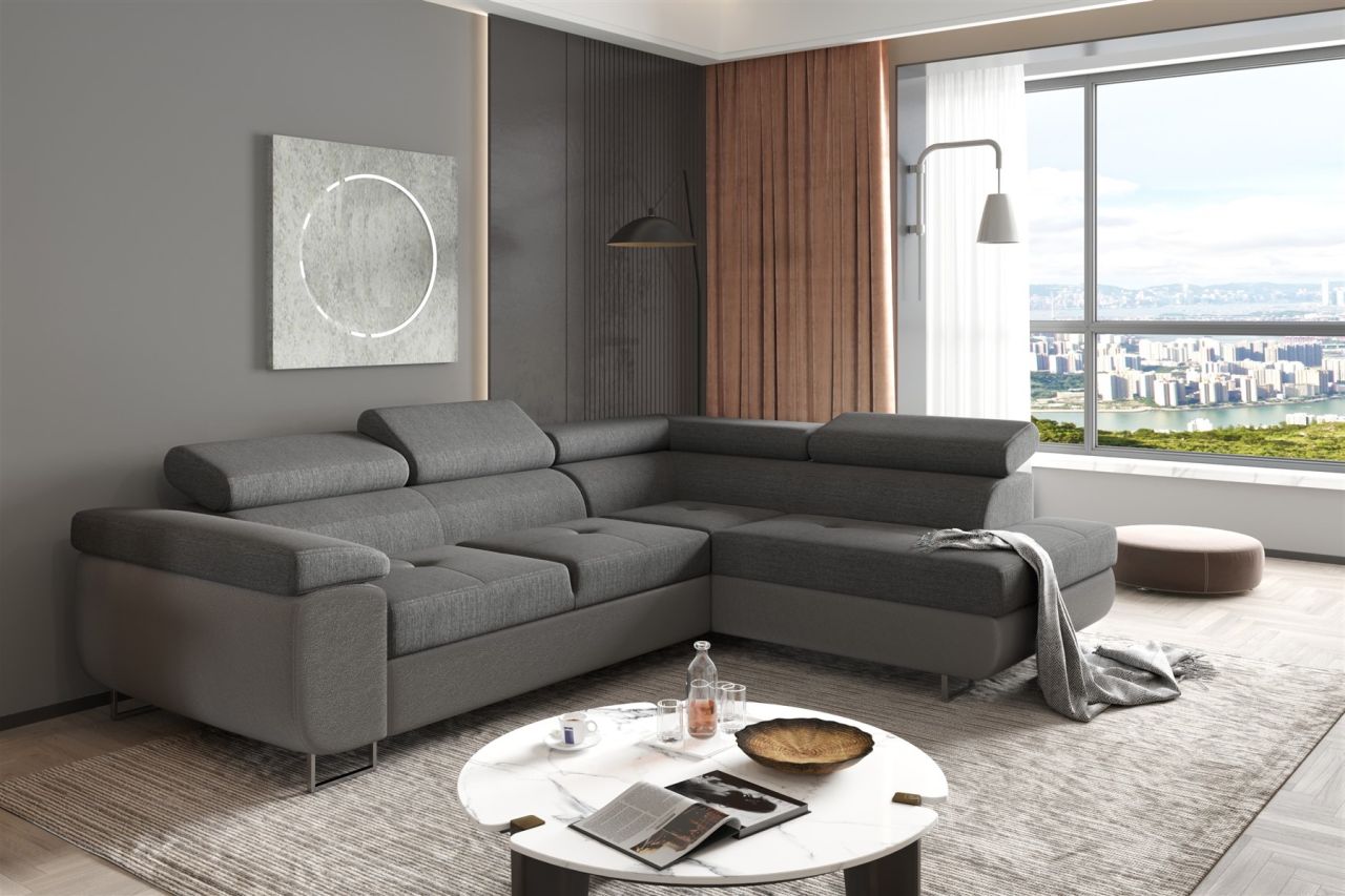 Couchgarnitur JADE Stoff Dunkelgrau mit Schlaffunktion Ottomane Rechts