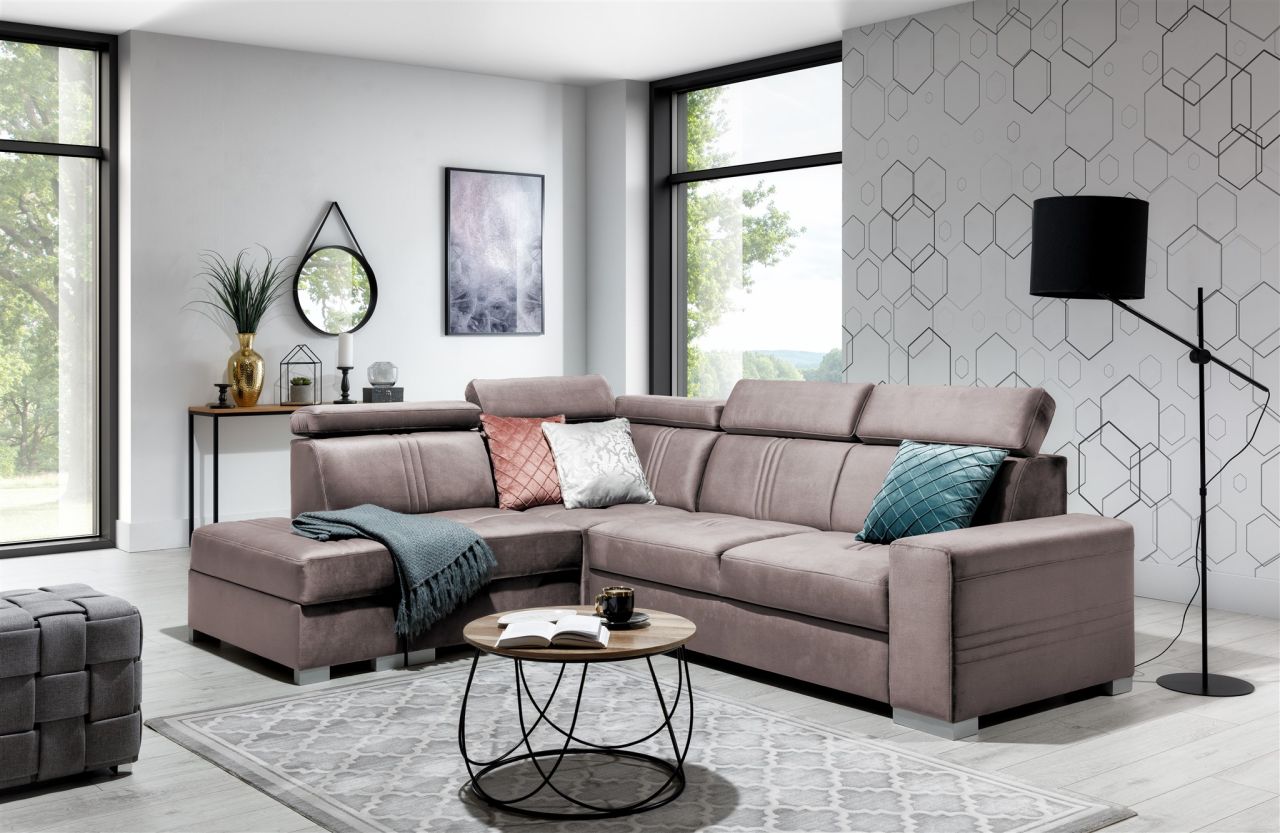 Ecksofa Schlafsofa NOLAN inkl. USB Stoff Monolith Pastellviolett Ottomane Links