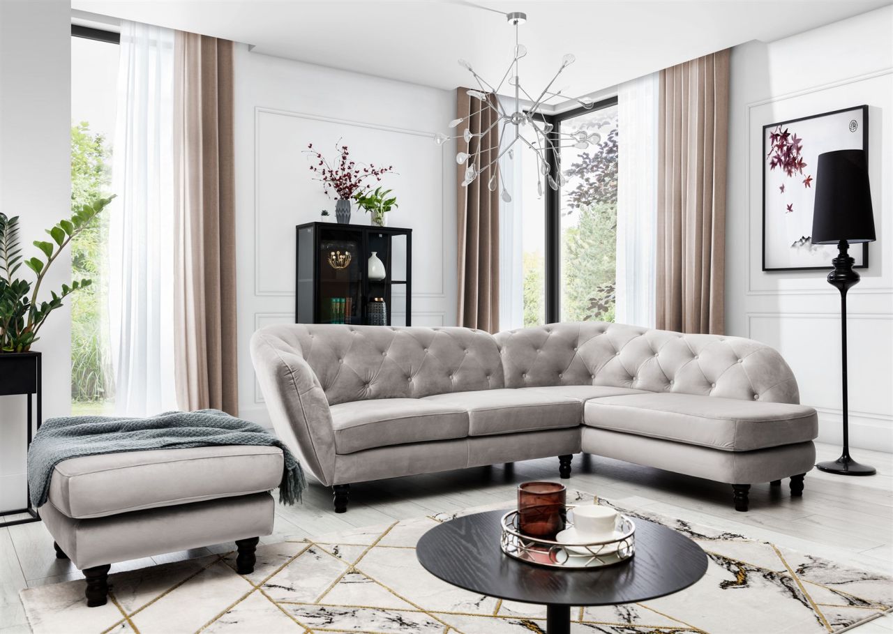 Ecksofa inkl.Hocker CHARLOTTE in Stoff Matt Velvet Cappuccino Ottomane Rechts