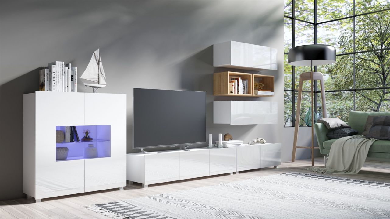 Mediawand Wohnwand 7 tlg - KAVOS 12 - Weiss Hochglanz inkl.LED