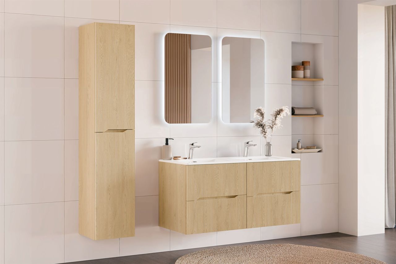Badmöbel Set 5-tlg Badezimmerset AVOLI Cremona Eiche 2 Spiegel inkl. Waschtisch