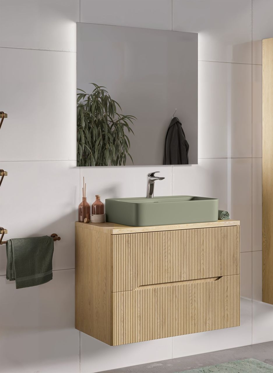 Badmöbel Set 2-tlg Badezimmerset AVOLI Cremona Eiche Spiegel 80cm ohne Wascht...