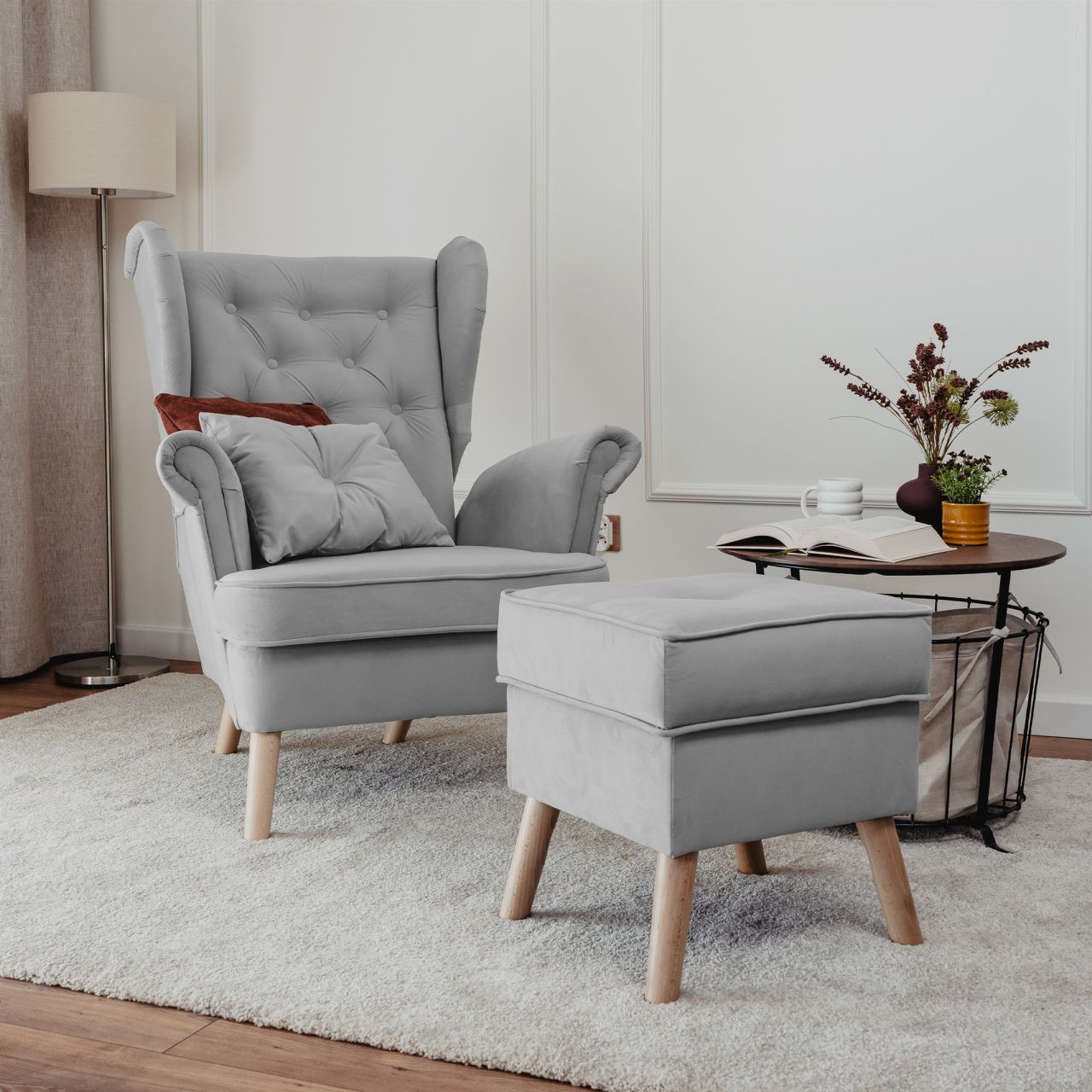 Sessel Ohrensessel ALISON inkl. Hocker in Stoff Trinity Hellgrau