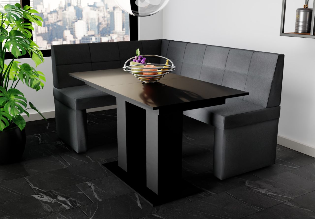Eckbankgruppe 168x128 cm BLAKE R Stoff Soro Anthrazit / Esstisch DANTE Schwarz