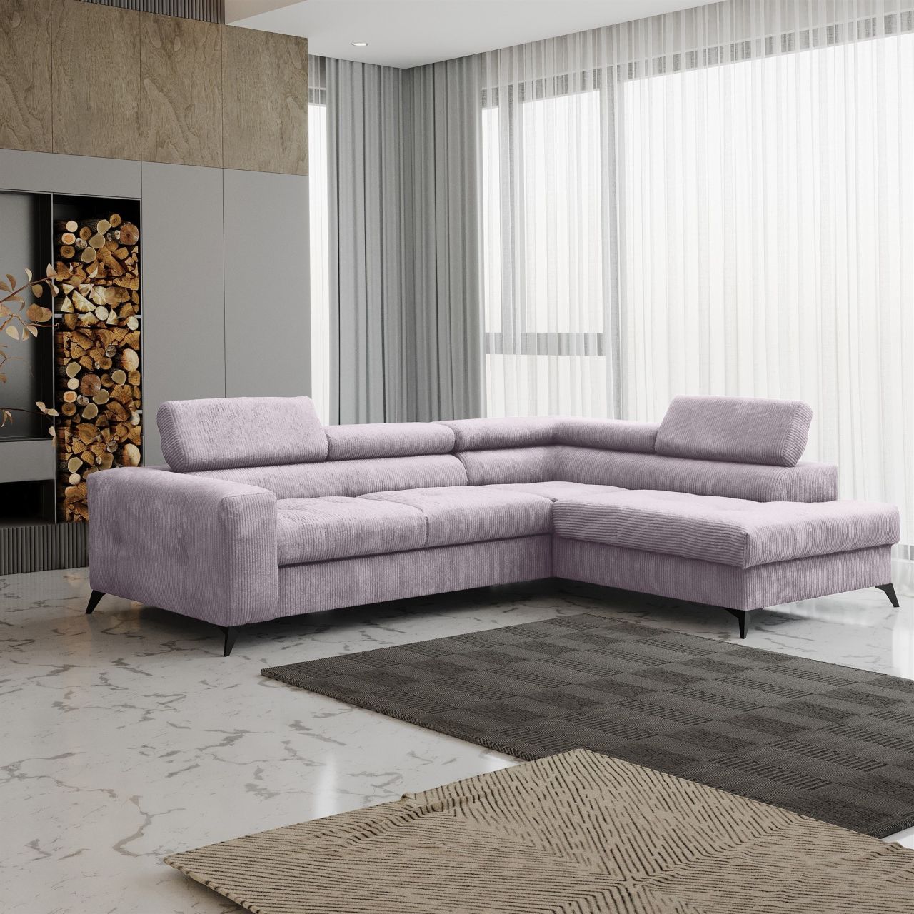 Ecksofa Schlafsofa AMADEO Stoff Anafi Lavendel Ottomane Rechts