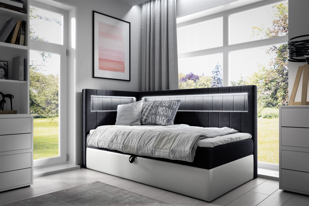 Boxspringbett Gästebett Kinderbett FABIAN Nr.3 80x200cm Weiss-Schwarz Seite L...