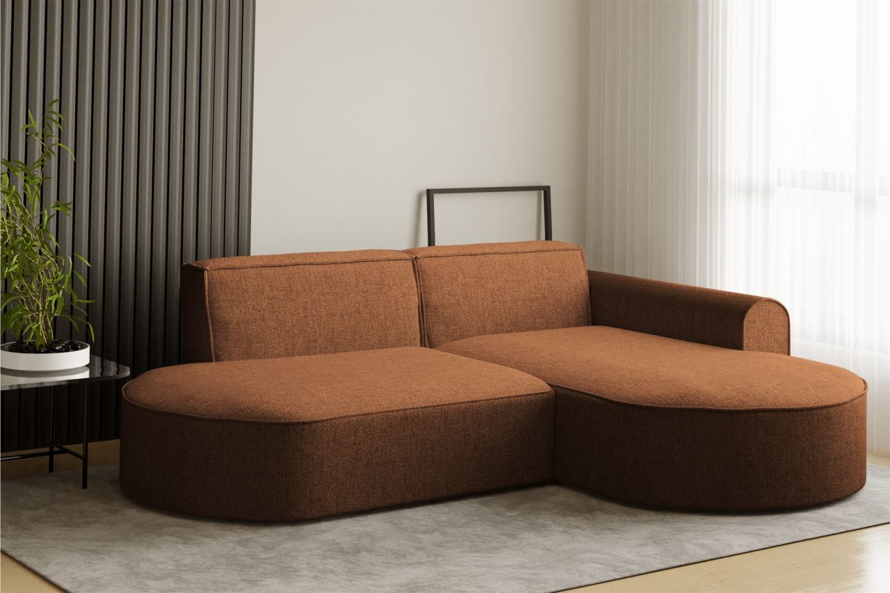 Ecksofa Designersofa BONDY in Stoff Neve Ziegelbraun Ottomane Rechts