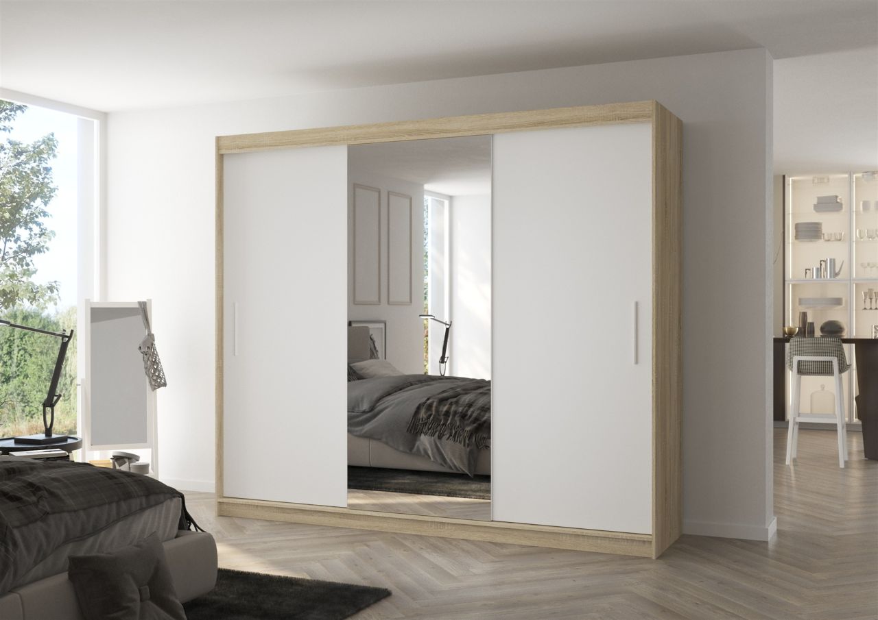 Schiebetürenschrank Schrank Nr.540 in Sonoma- Weiß matt- Spiegel 250x215x58 cm