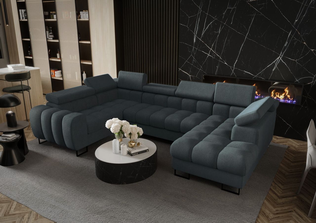 Wohnlandschaft Schlafsofa BASTIEN in Stoff Moly Graphit Ottomane Rechts